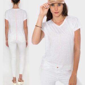Sea Lily White Linen Cotton Coral Stitched Accent V-Neck Short Sleeve Top M